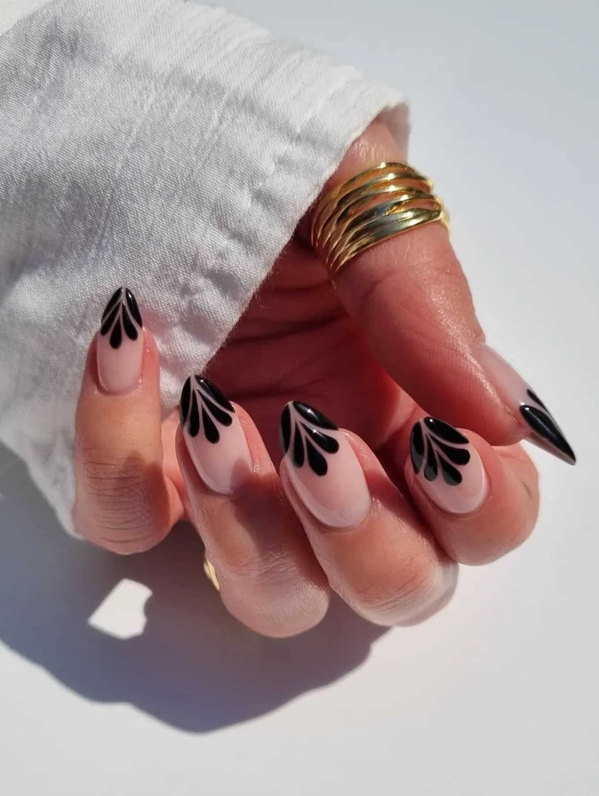Sheer Pink Black Leaf Art Long Almond Sheer Pink Black Leaf Art Long Almond — Black Almond Nails