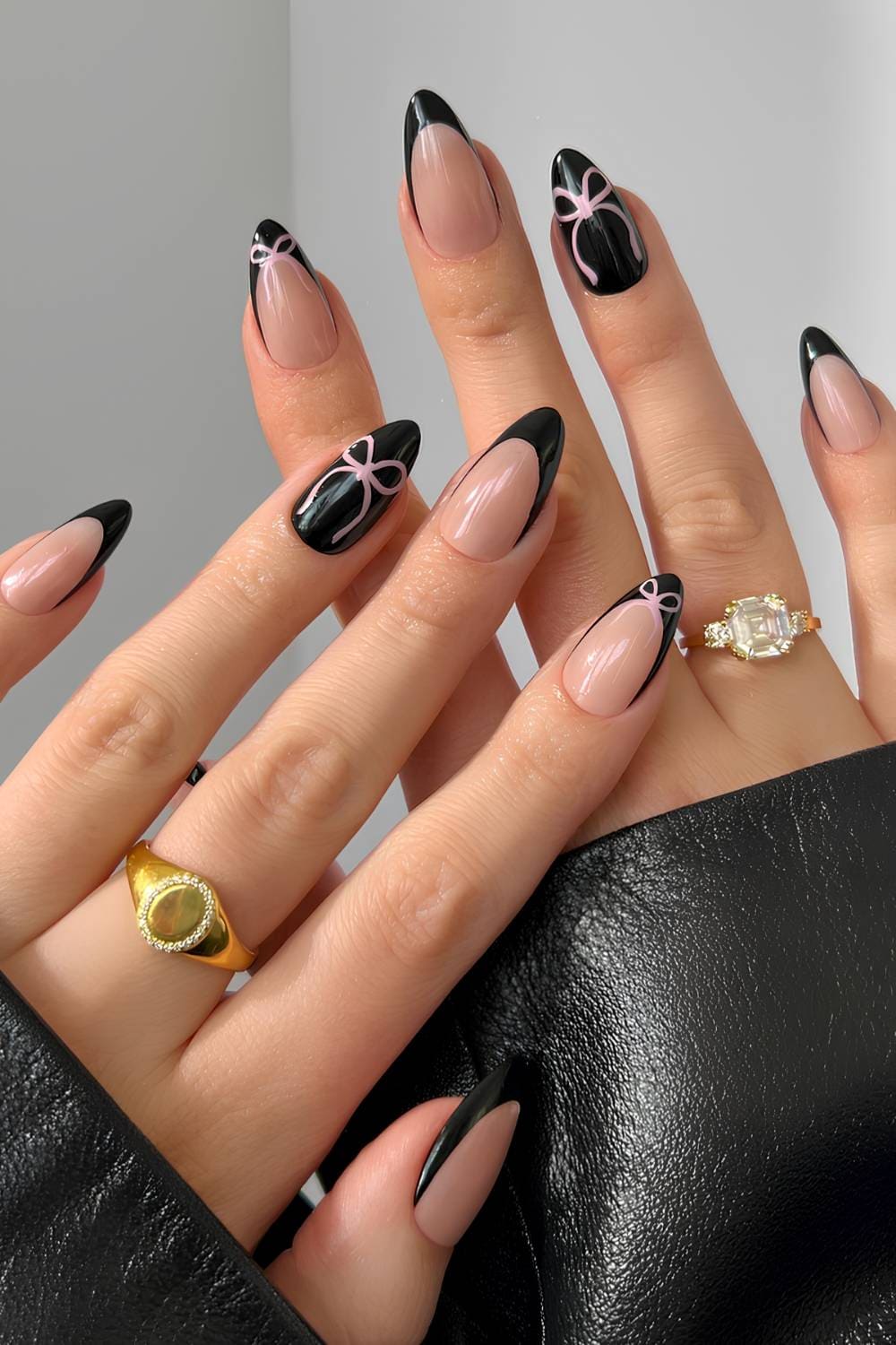 Sheer Pink Black French Tip Pink Bow Almond Sheer Pink Black French Tip Pink Bow Almond — Black Almond Nails