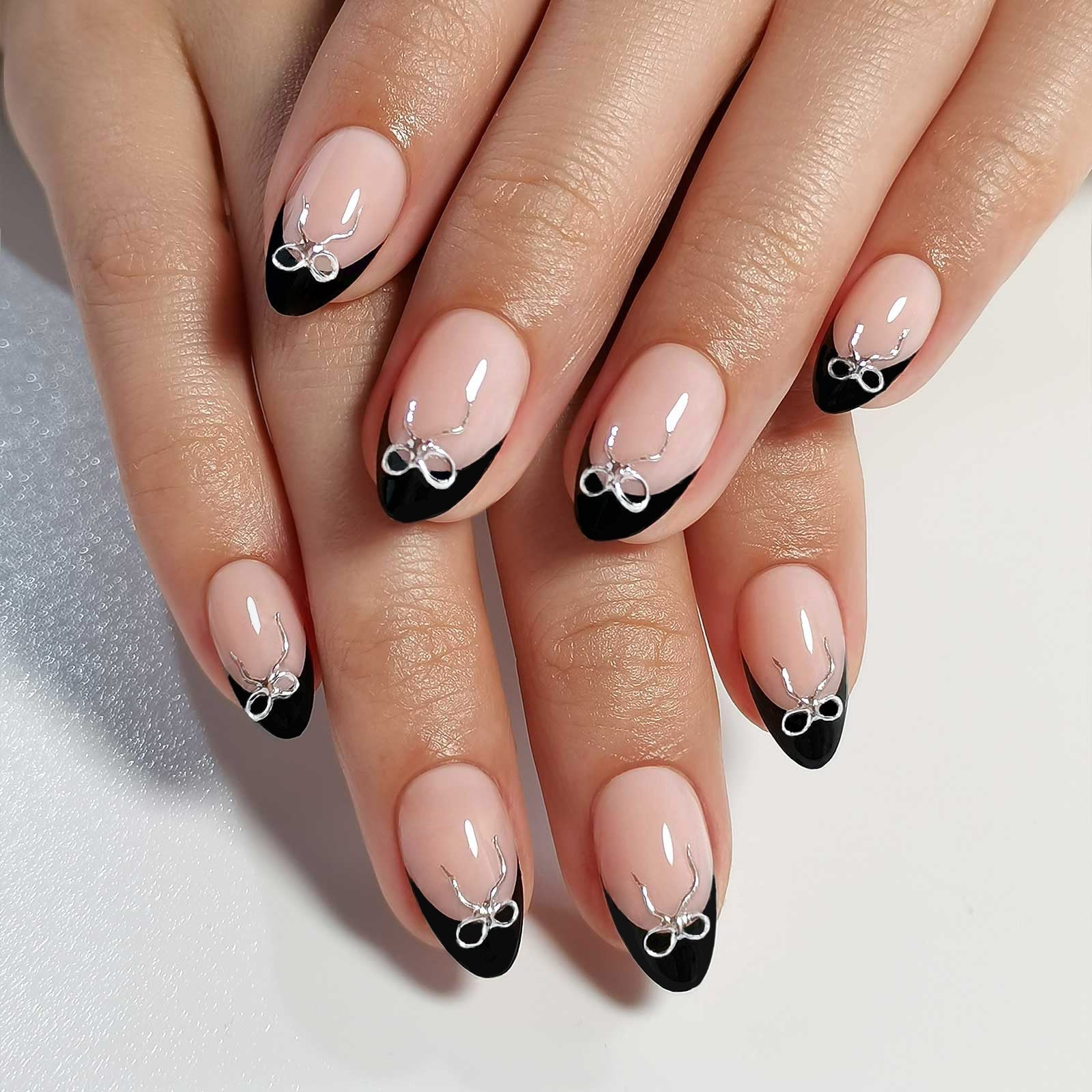 Nude Base Black French Tip Silver 3D Bow Almond Nude Base Black French Tip Silver 3D Bow Almond — Black Almond Nails