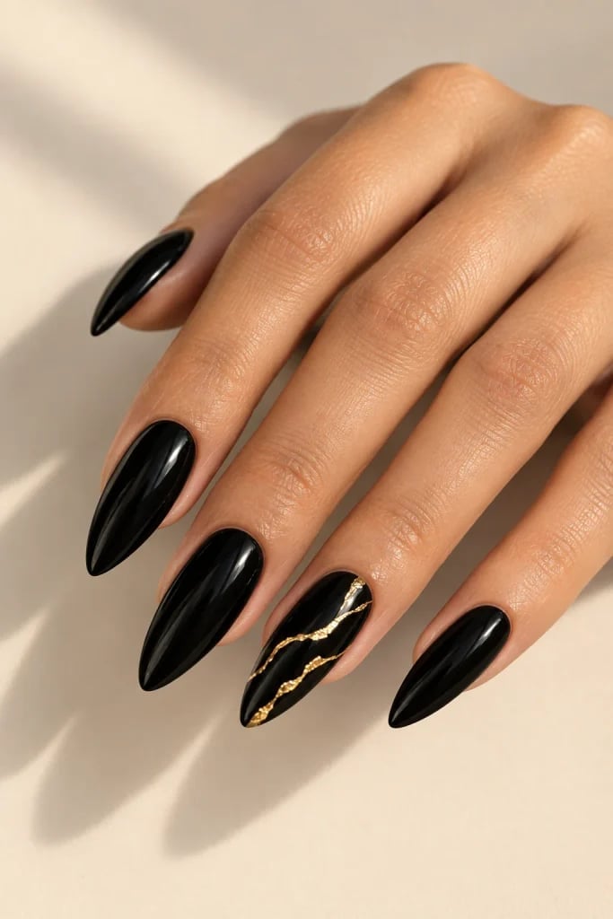 Glossy Black Almond With Cracked Gold Foil Glossy Black Almond With Cracked Gold Foil — Black Almond Nails