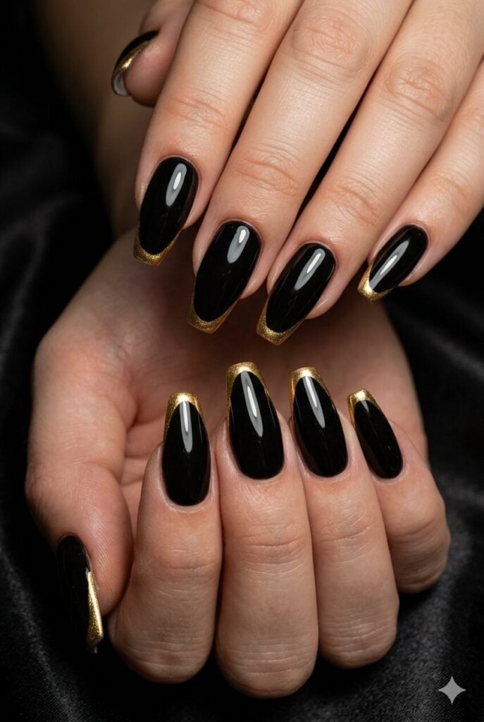 Black Glossy Almond With Gold Outline French Black Glossy Almond With Gold Outline French — Black Almond Nails