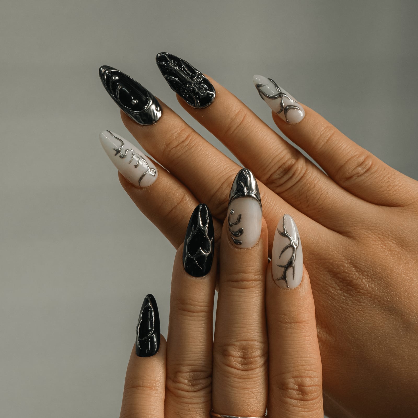 Black and Milky White Silver Foil Almond Black and Milky White Silver Foil Almond — Black Almond Nails