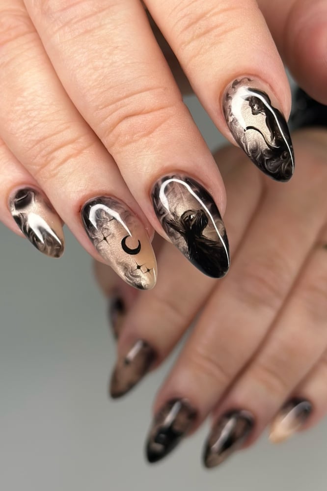 Black Beige Marble Lunar Moon Star Almond Black Beige Marble Lunar Moon Star Almond — Black Almond Nails