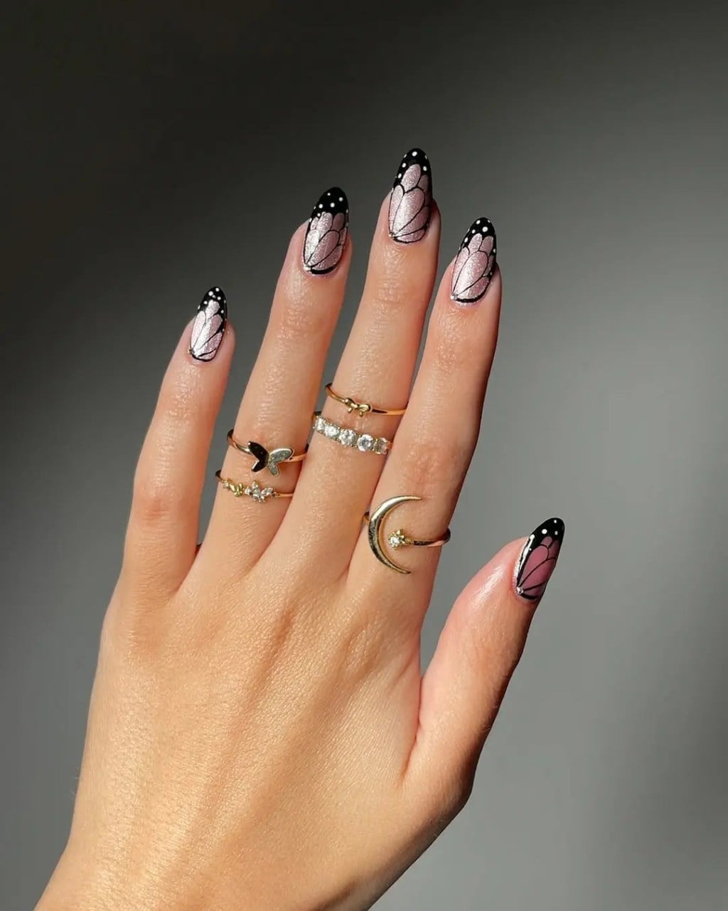 Black Butterfly Wing Pink Silver Accent Almond Black Butterfly Wing Pink Silver Accent Almond — Black Almond Nails