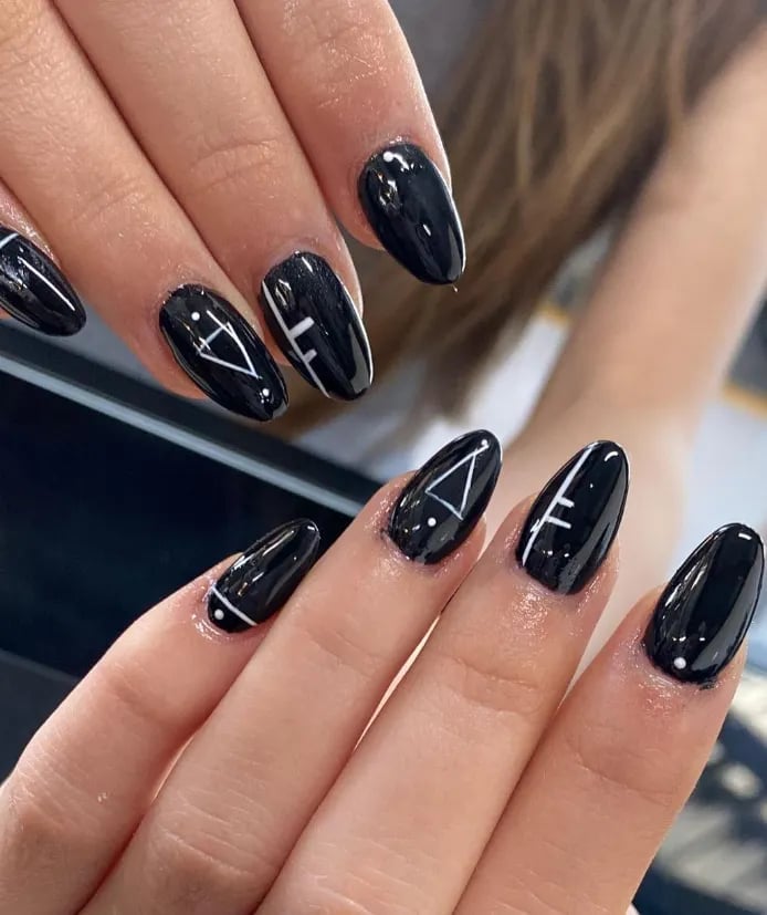 Glossy Black Geometric Line Art Short Almond Glossy Black Geometric Line Art Short Almond — Black Almond Nails