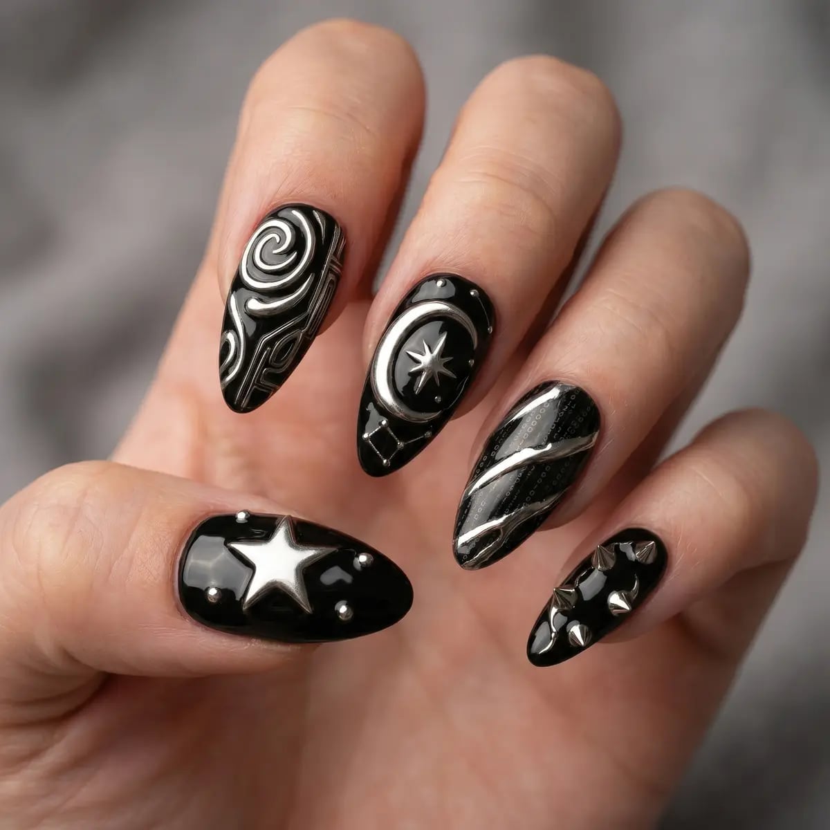 Black 3D Silver Motifs Medium Almond Black 3D Silver Motifs Medium Almond — Black Almond Nails