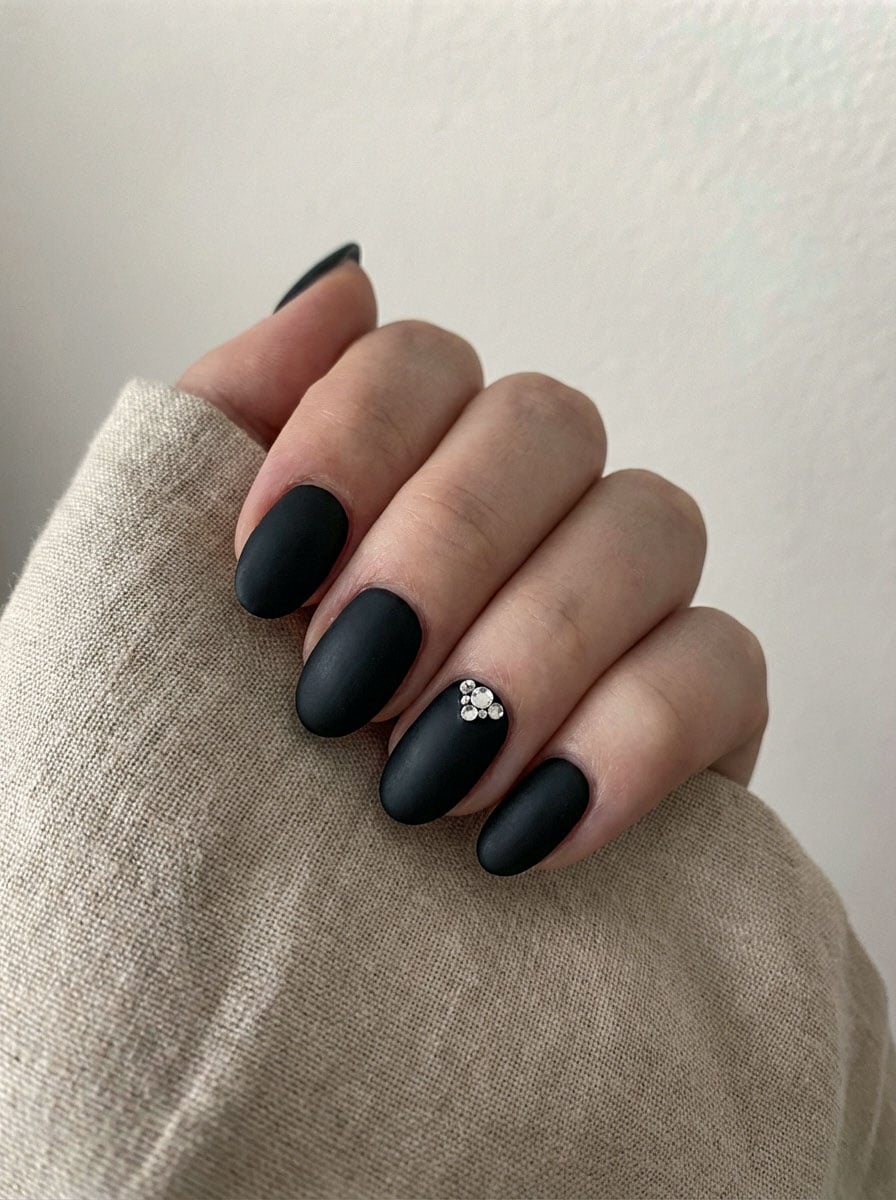 Matte Black With Rhinestone Accent Almond Matte Black With Rhinestone Accent Almond — Black Almond Nails