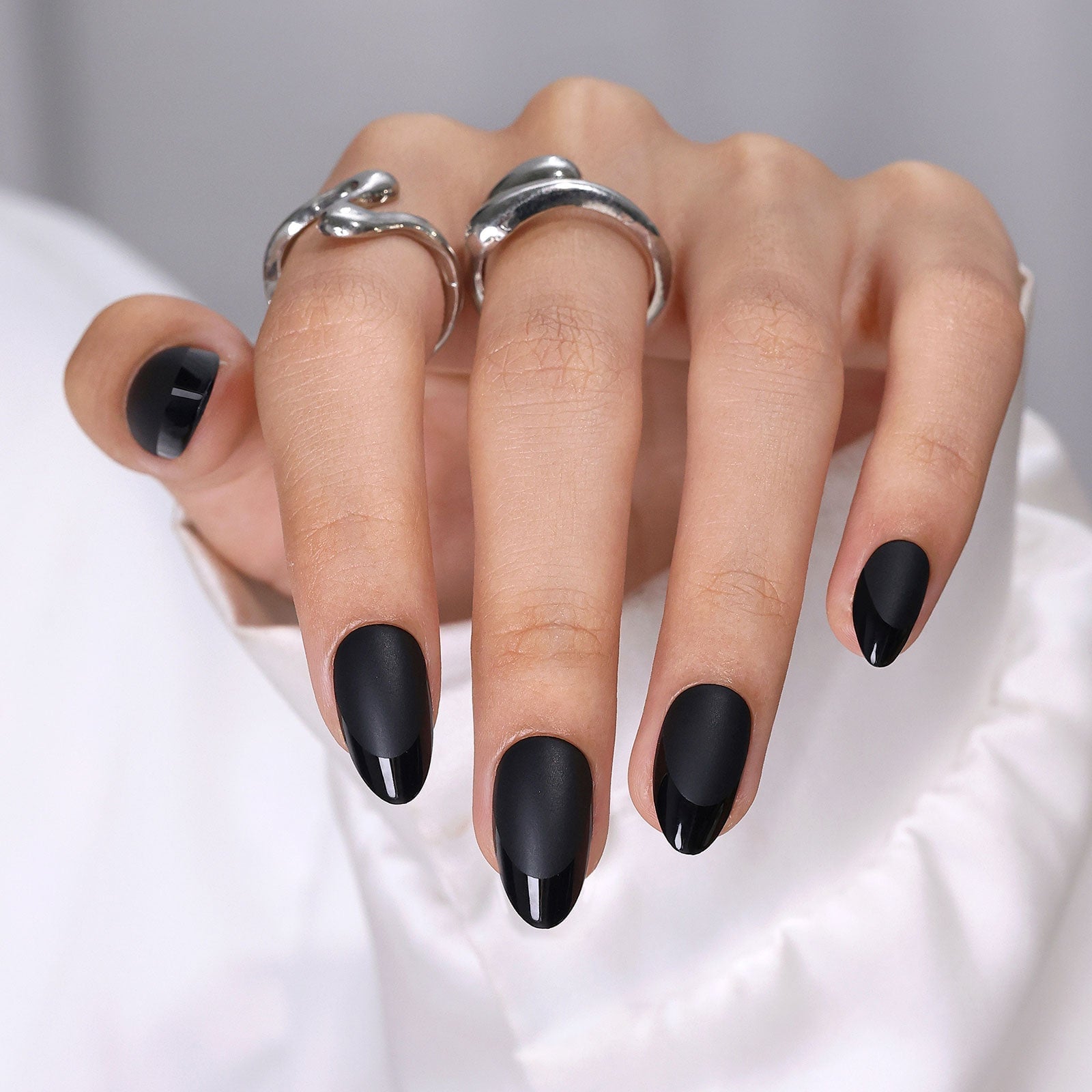 Matte Black with Glossy French Tips Almond Matte Black with Glossy French Tips Almond — Black Almond Nails