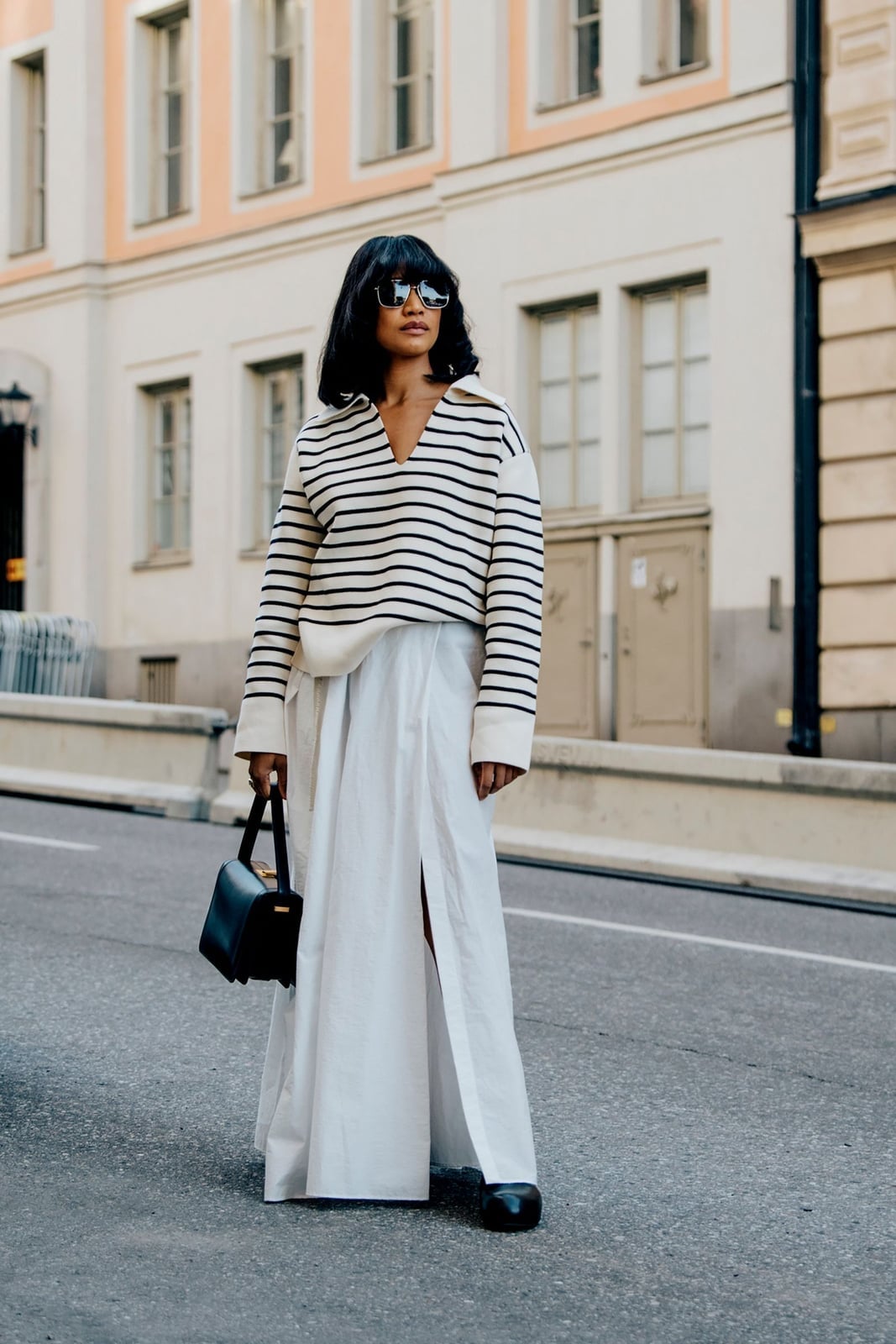 A White Maxi Skirt with a Black Striped Top and Loafers, Close-Up Take A White Maxi Skirt with a Black Striped Top and Loafers, Close-Up Take — Black and White Outfits