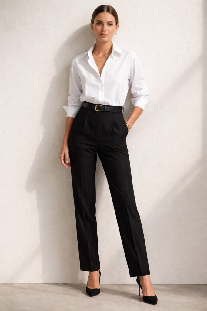 A White Button-Down Shirt with Black Pleated Trousers, Close-Up Take A White Button-Down Shirt with Black Pleated Trousers, Close-Up Take — Black and White Outfits