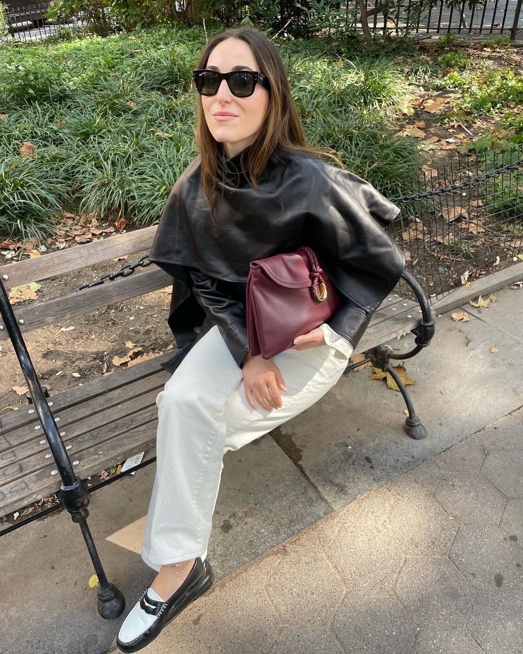 White Wide-Leg Trousers with a Black Leather Cape White Wide-Leg Trousers with a Black Leather Cape — Black and White Outfits