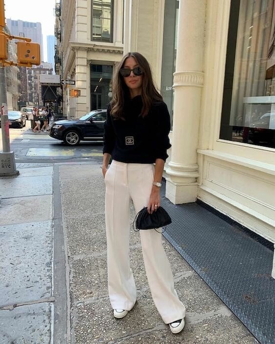 A Black Hoodie with White Wide-Leg Trousers, Close-Up Take A Black Hoodie with White Wide-Leg Trousers, Close-Up Take — Black and White Outfits