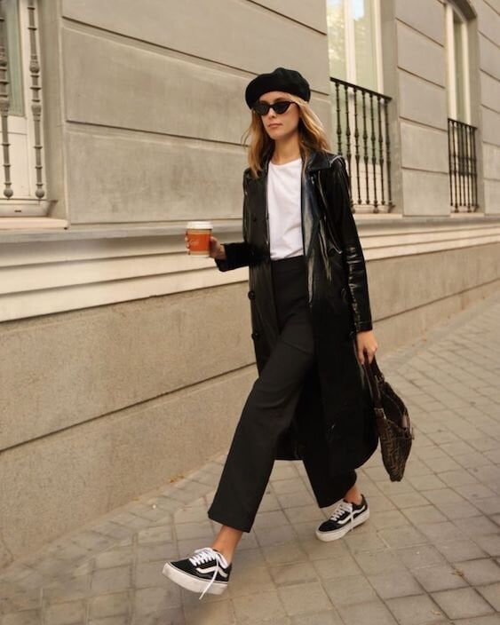 A Black Patent Trench Coat Over a White Tee and Black, Close-Up Take A Black Patent Trench Coat Over a White Tee and Black, Close-Up Take — Black and White Outfits