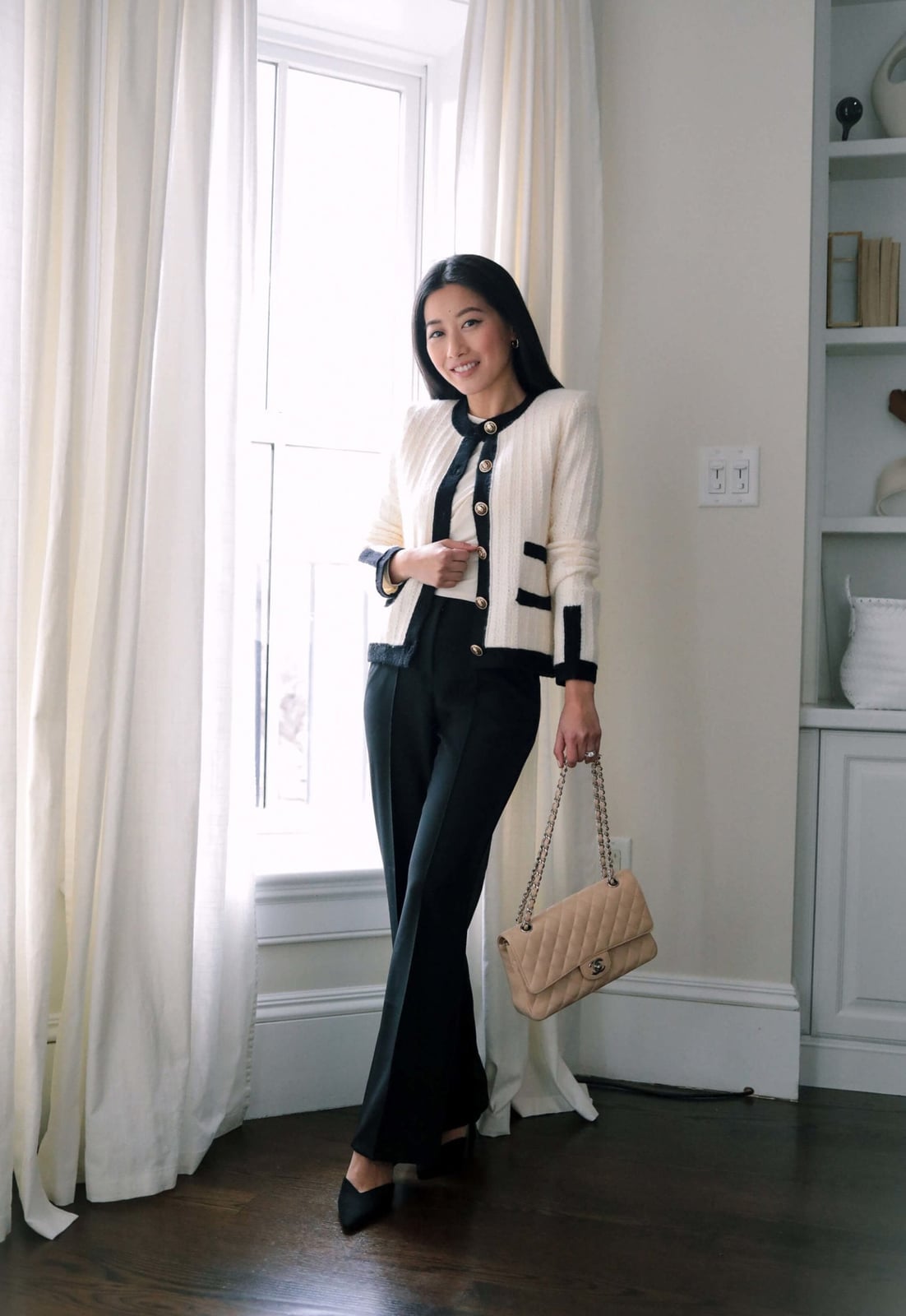 A Tweed Jacket with Black Flared Trousers and Fitted Top A Tweed Jacket with Black Flared Trousers and Fitted Top — Black and White Outfits