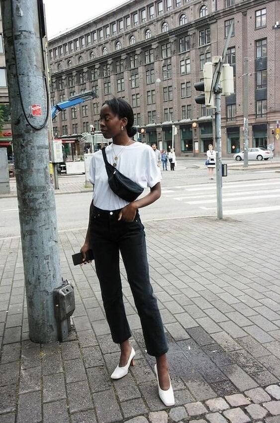 Black Jeans with a White Tee and White Heels and Straight Leg Black Jeans with a White Tee and White Heels and Straight Leg — Black and White Outfits