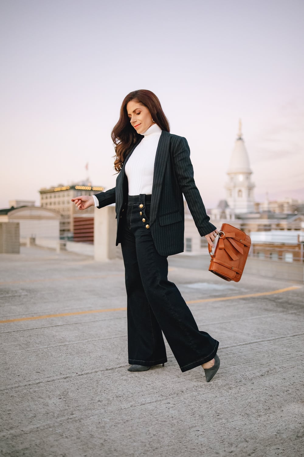 Pinstripe Blazer with Turtleneck and Sailor Pants Pinstripe Blazer with Turtleneck and Sailor Pants — Black Blazer Outfit