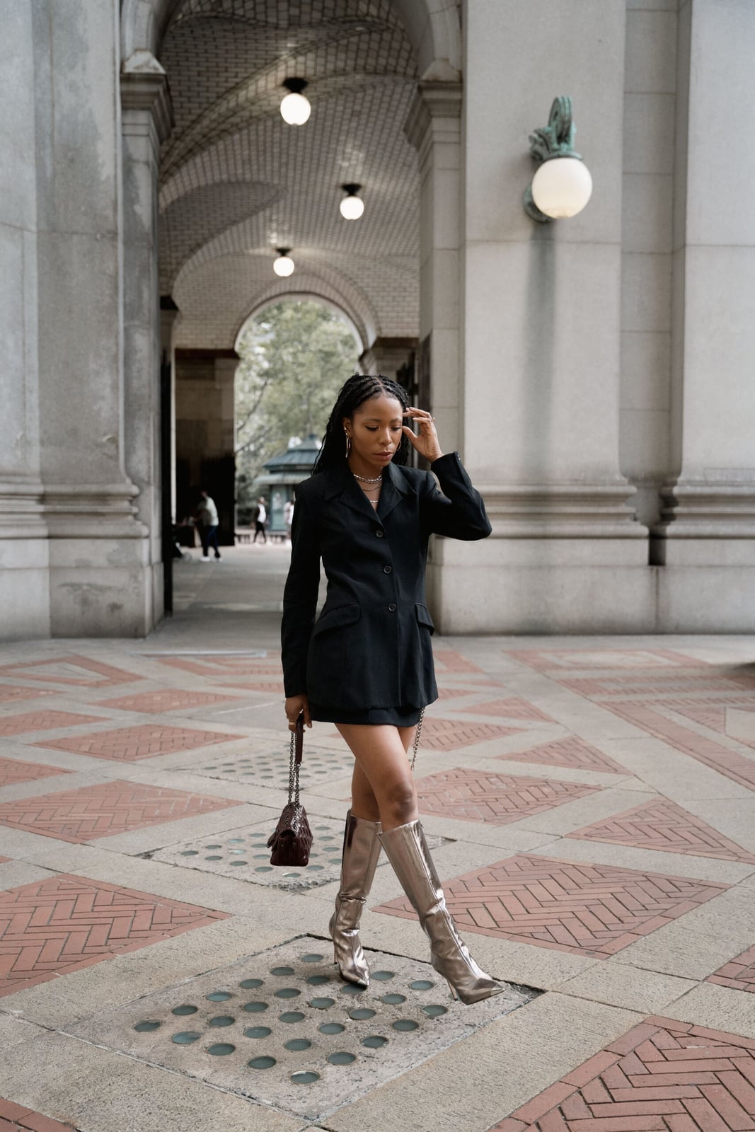 Black Blazer Dress with Metallic Boots Black Blazer Dress with Metallic Boots — Black Blazer Outfit