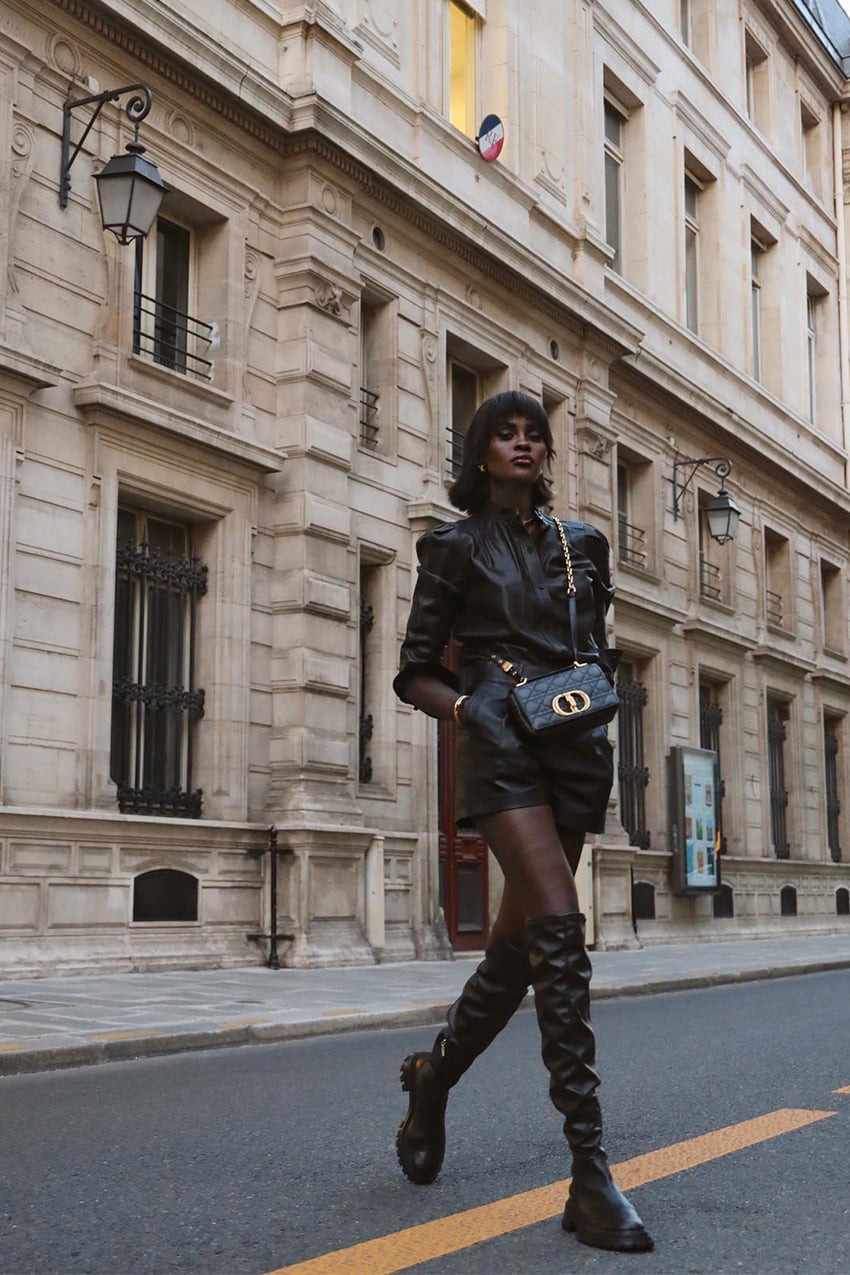 Black Thigh-High Boots With Leather Jacket And Shorts Black Thigh-High Boots With Leather Jacket And Shorts — Black Boots Outfit