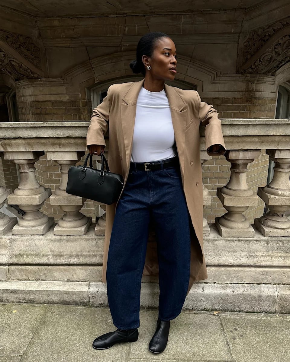 Black Ankle Boots With Wide Leg Jeans And Oversized Coat Black Ankle Boots With Wide Leg Jeans And Oversized Coat — Black Boots Outfit