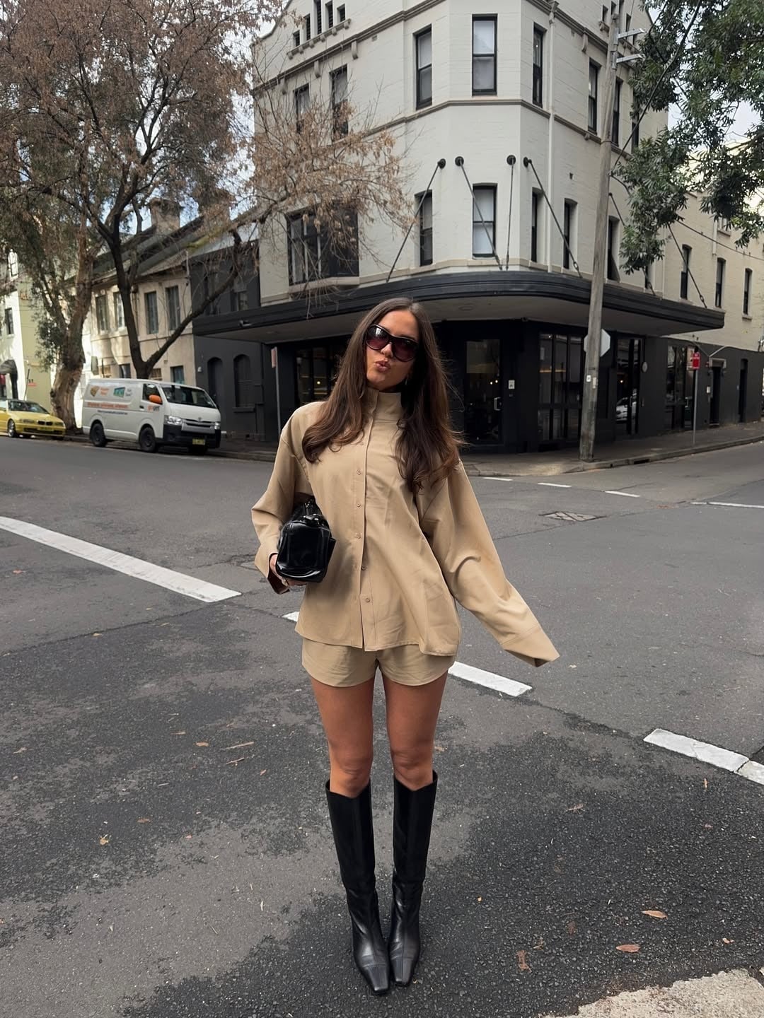 Black Knee-High Boots With Beige Matching Set Black Knee-High Boots With Beige Matching Set — Black Boots Outfit