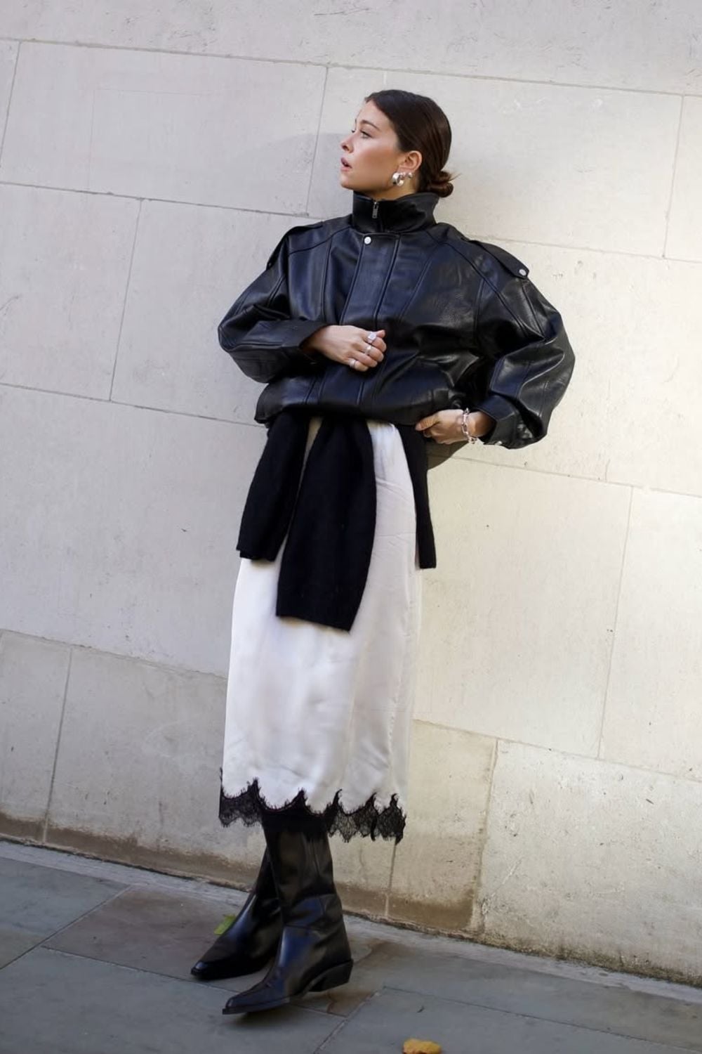 Black Pointed Boots With Slip Dress And Leather Jacket Black Pointed Boots With Slip Dress And Leather Jacket — Black Boots Outfit