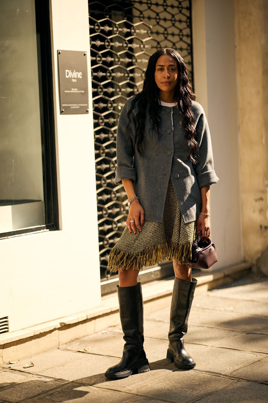 Black Knee-High Boots With Patterned Mini Dress Black Knee-High Boots With Patterned Mini Dress — Black Boots Outfit