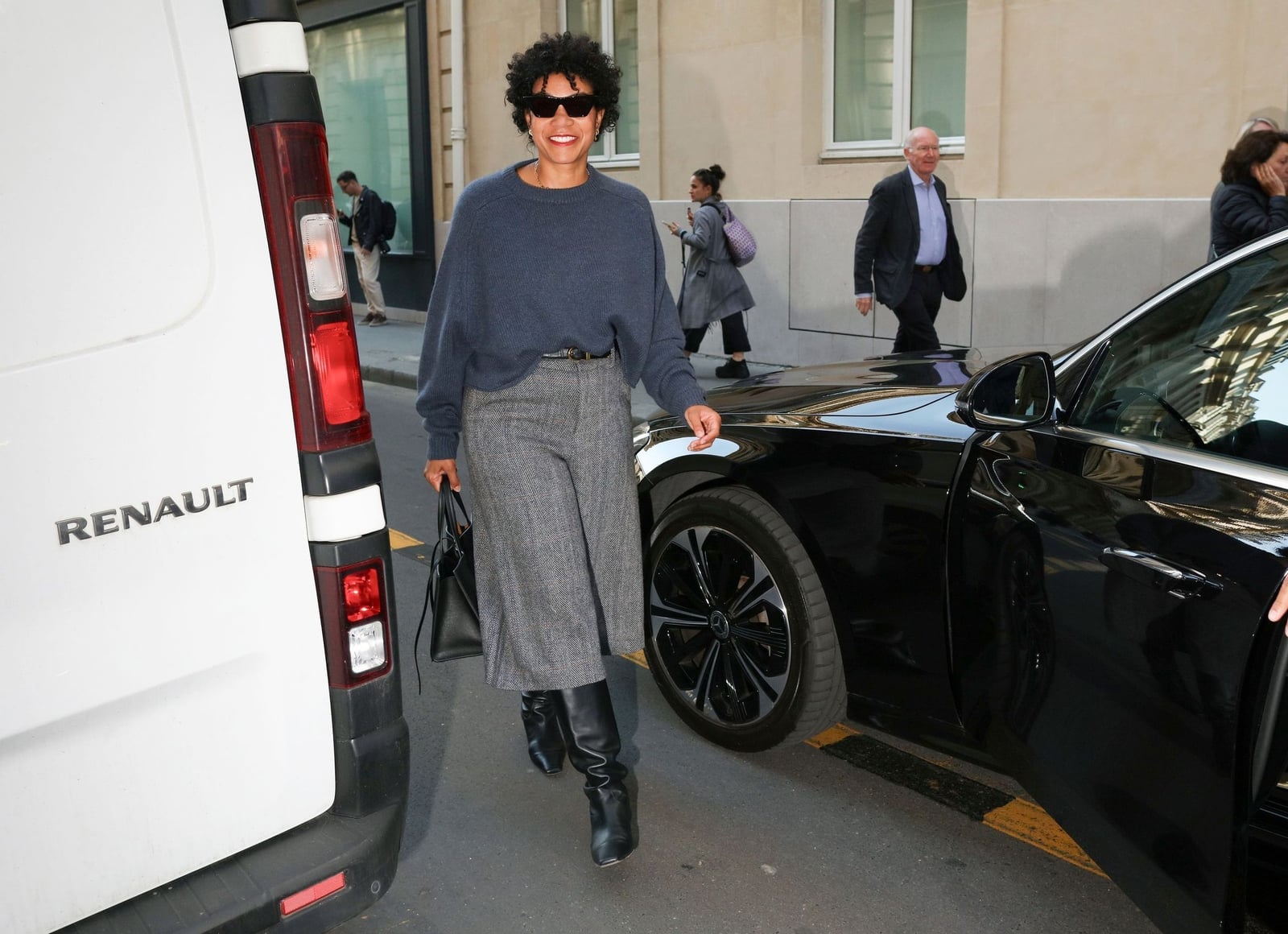 Black Knee-High Boots With Gray Trousers And Sweater Black Knee-High Boots With Gray Trousers And Sweater — Black Boots Outfit