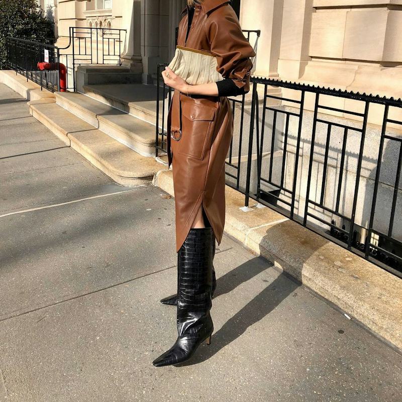 Black Croc-Embossed Boots With Leather Dress Black Croc-Embossed Boots With Leather Dress — Black Boots Outfit