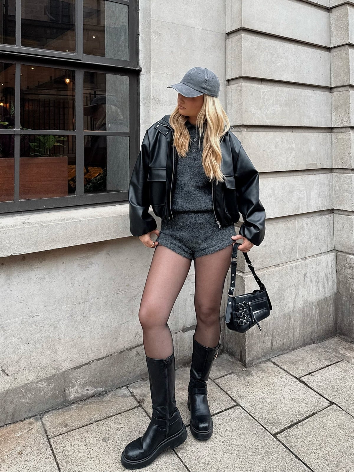 Black Mid-Calf Boots With Shorts Set And Leather Jacket Black Mid-Calf Boots With Shorts Set And Leather Jacket — Black Boots Outfit