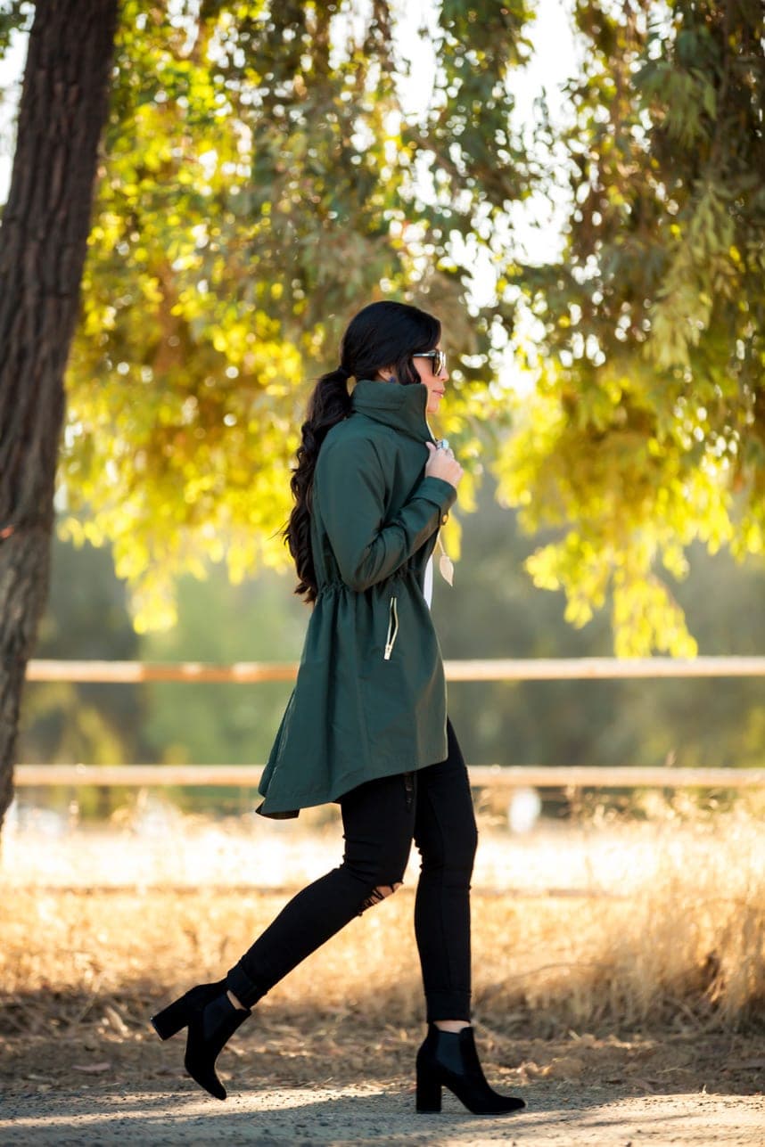 Black Heeled Ankle Boots With Ripped Jeans And Parka Black Heeled Ankle Boots With Ripped Jeans And Parka — Black Boots Outfit