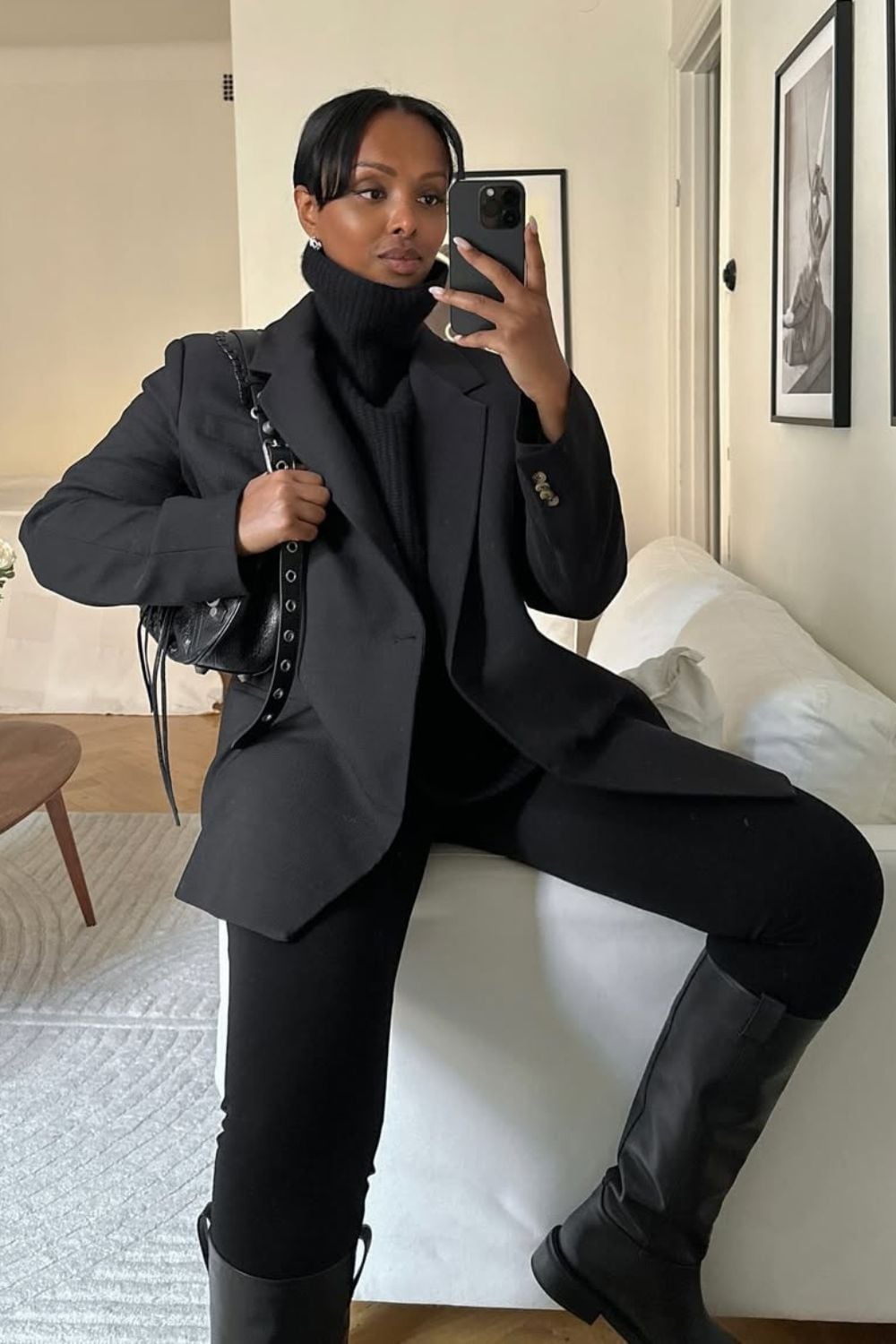 Black Knee-High Boots With Oversized Blazer And Trousers, Wool Black Knee-High Boots With Oversized Blazer And Trousers, Wool — Black Boots Outfit