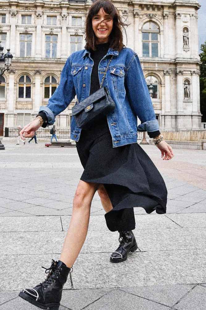 Black Combat Boots With Turtleneck Dress And Denim Jacket Black Combat Boots With Turtleneck Dress And Denim Jacket — Black Boots Outfit