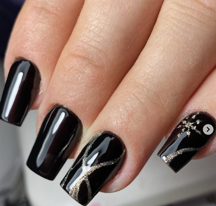 Medium Coffin Glossy Black Gold Glitter Medium Coffin Glossy Black Gold Glitter — Black Christmas Nails