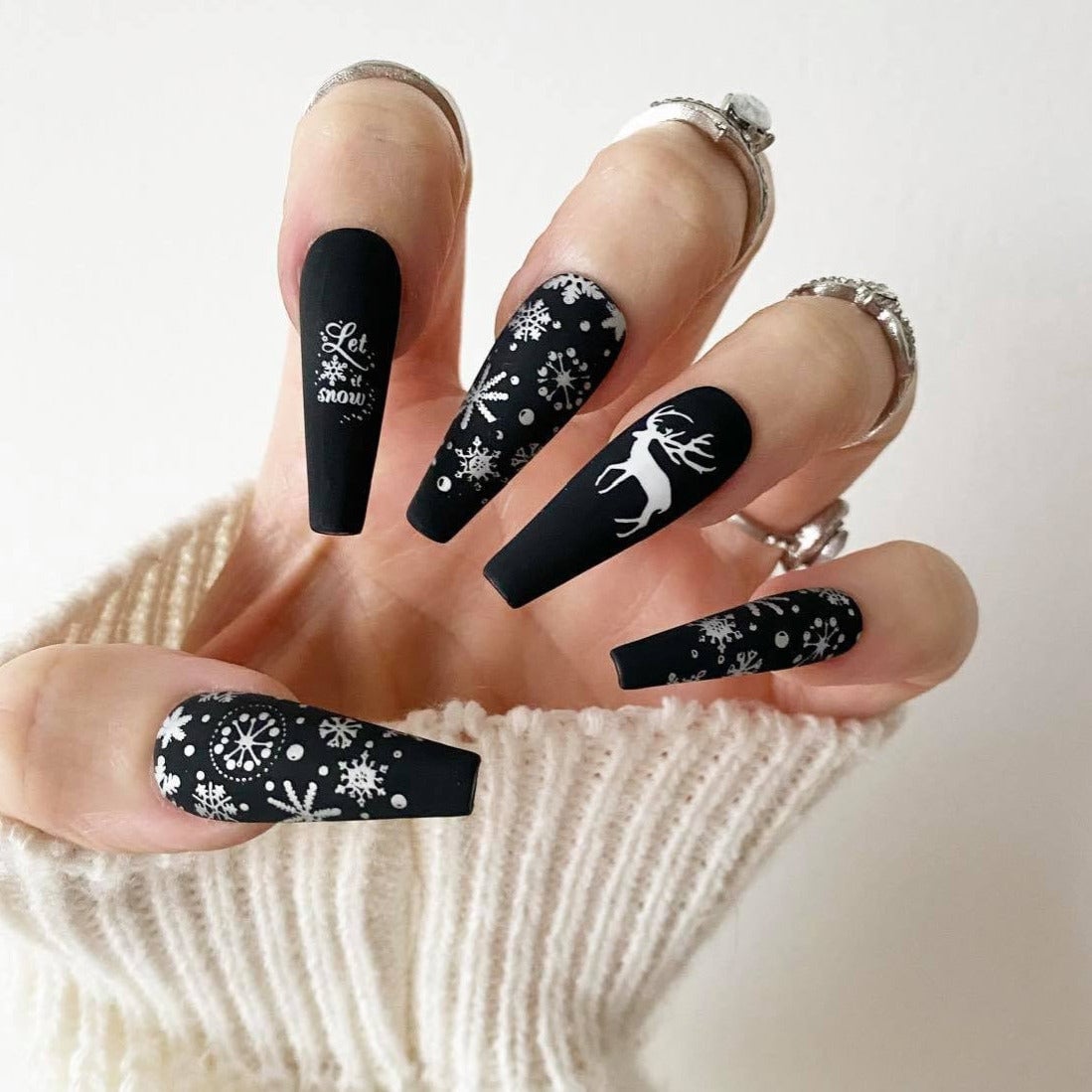 Long Coffin Matte Black Festive Art Long Coffin Matte Black Festive Art — Black Christmas Nails