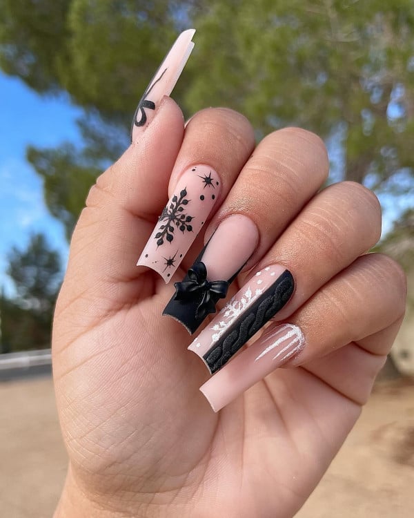 Long Coffin Glossy Matte Black Accents Long Coffin Glossy Matte Black Accents — Black Christmas Nails