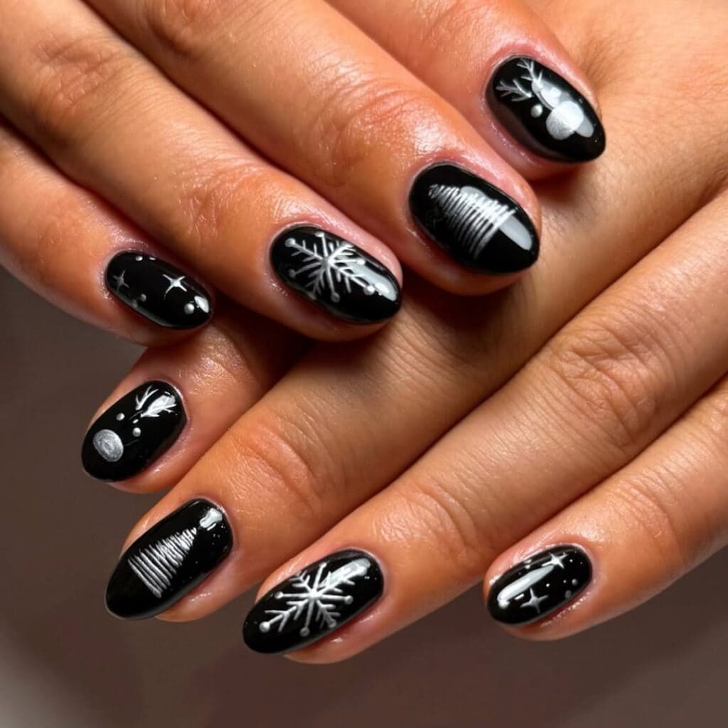 Short Oval Glossy Black Detailed Illustrations Short Oval Glossy Black Detailed Illustrations — Black Christmas Nails