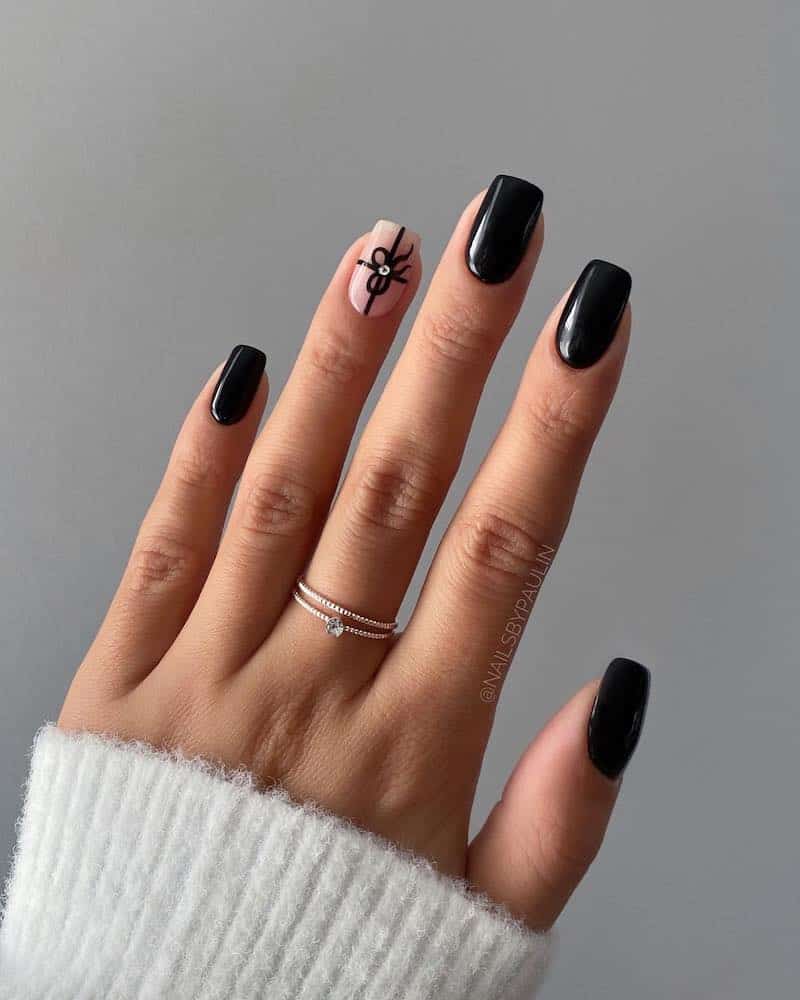 Long Matte Black With White Snowflakes Dots Long Matte Black With White Snowflakes Dots — Black Christmas Nails