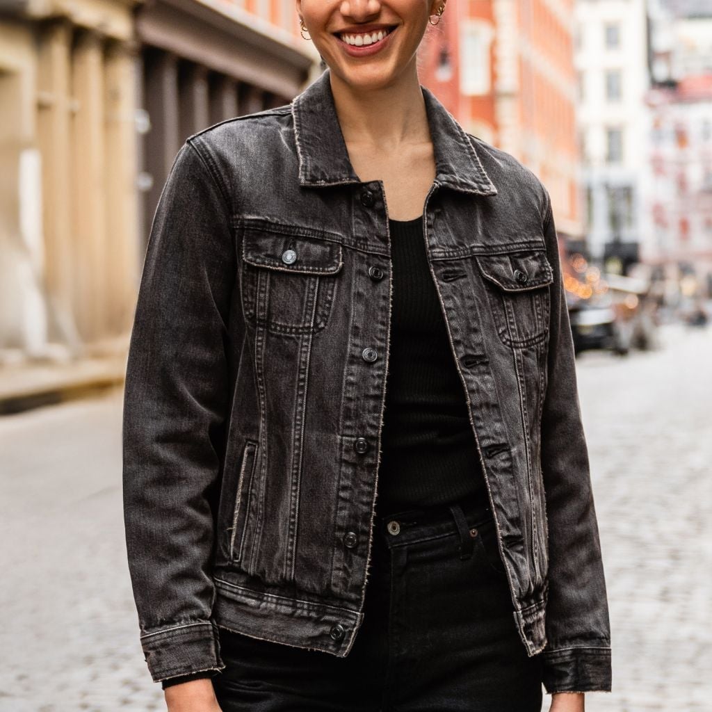 Faded Black Denim Jacket With Black Tank Faded Black Denim Jacket With Black Tank — Black Denim Jacket Outfit