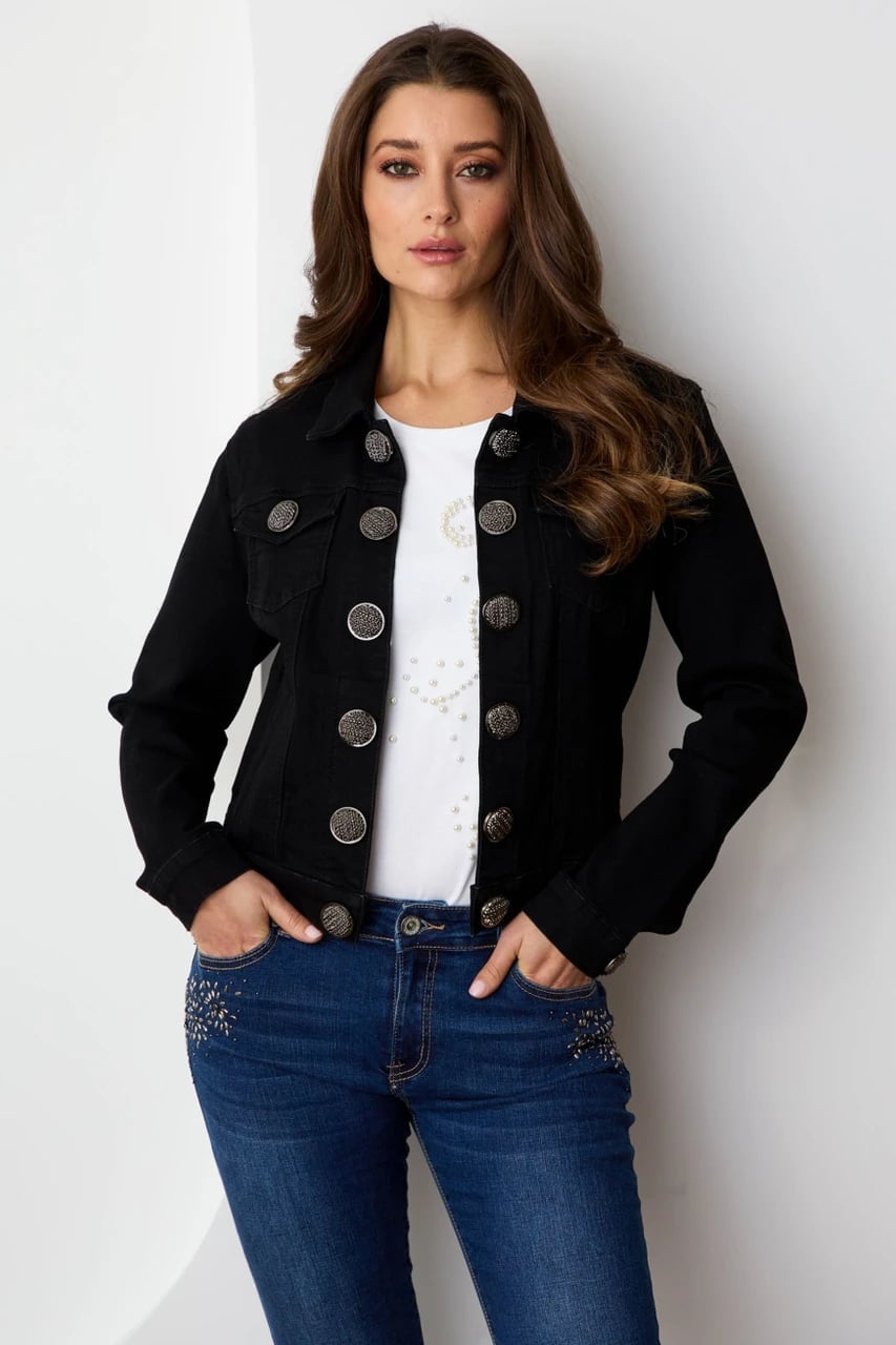 Black Denim Jacket With Silver Buttons Black Denim Jacket With Silver Buttons — Black Denim Jacket Outfit