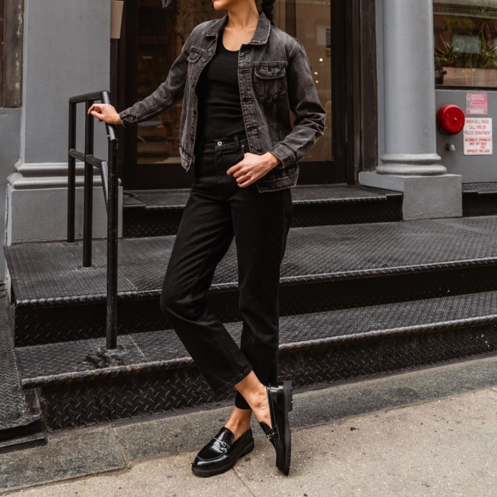 Faded Black Denim Jacket With Loafers Faded Black Denim Jacket With Loafers — Black Denim Jacket Outfit