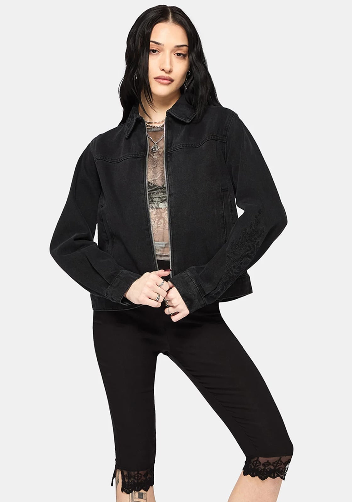 Embroidered Black Denim Jacket With Sheer Top and Silver Rings Embroidered Black Denim Jacket With Sheer Top and Silver Rings — Black Denim Jacket Outfit