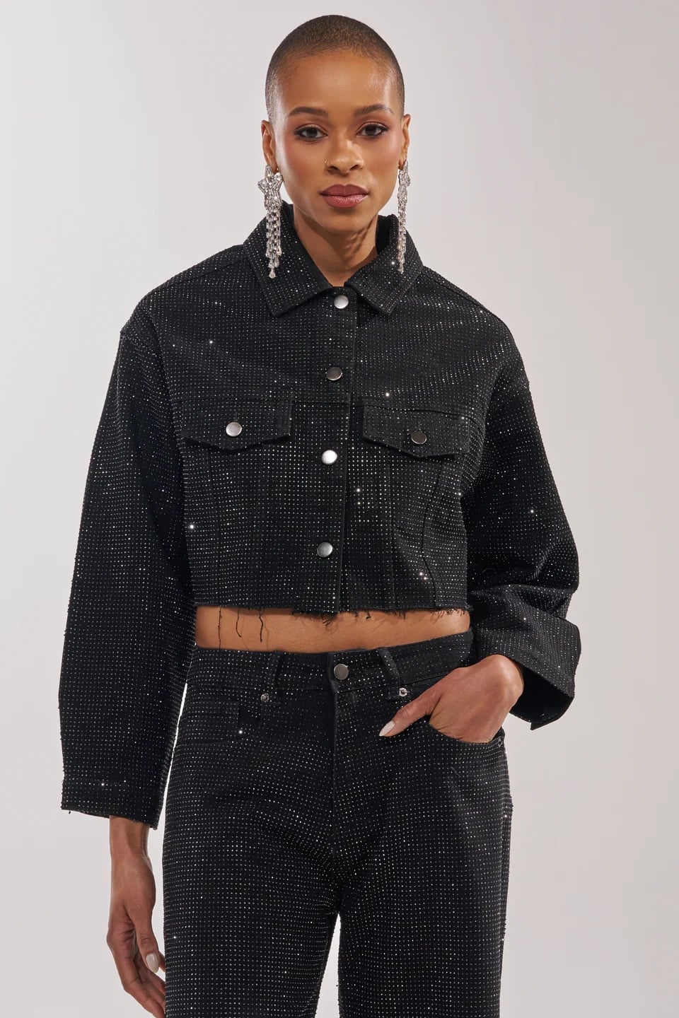 Crystal Embellished Cropped Denim Jacket With Large Statement Earrings Crystal Embellished Cropped Denim Jacket With Large Statement Earrings — Black Denim Jacket Outfit