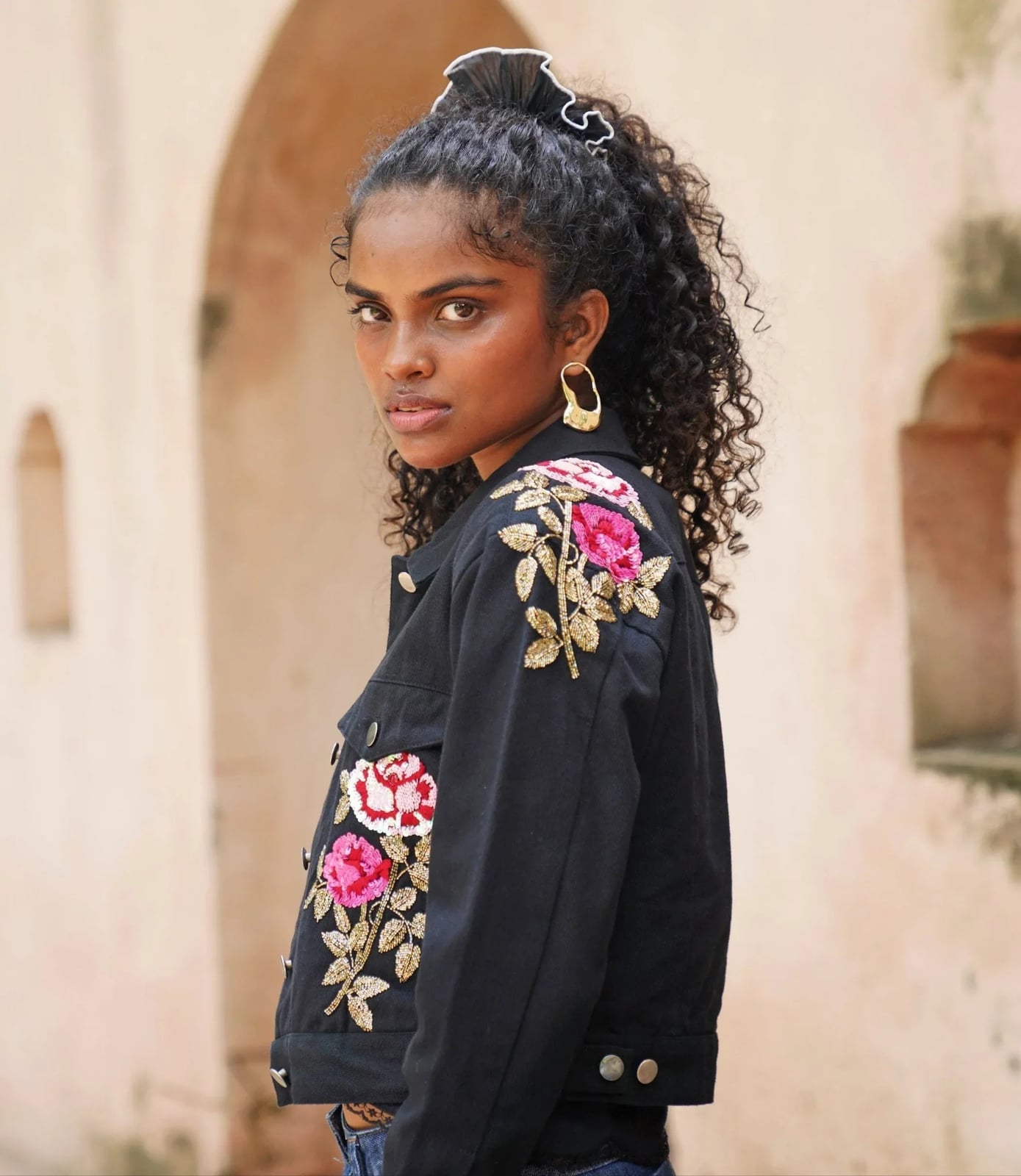 Embroidered Cropped Black Denim Jacket With Gold Earrings Embroidered Cropped Black Denim Jacket With Gold Earrings — Black Denim Jacket Outfit