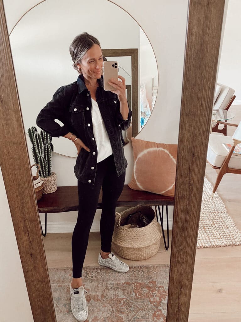 Oversized Black Denim Jacket With Leggings and Gold Hoop Earrings Oversized Black Denim Jacket With Leggings and Gold Hoop Earrings — Black Denim Jacket Outfit