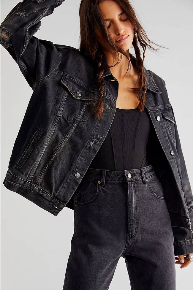 Distressed Black Denim Jacket With Ribbed Tank Distressed Black Denim Jacket With Ribbed Tank — Black Denim Jacket Outfit