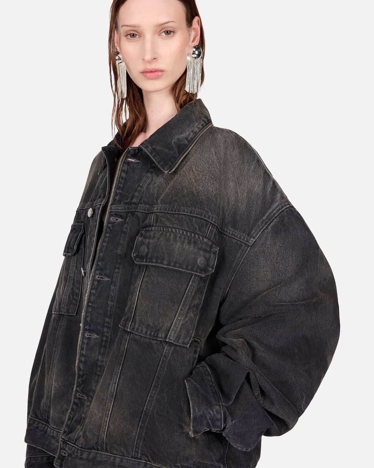 Washed Black Denim Jacket With Pockets, Oversized Washed Black Denim Jacket With Pockets, Oversized — Black Denim Jacket Outfit