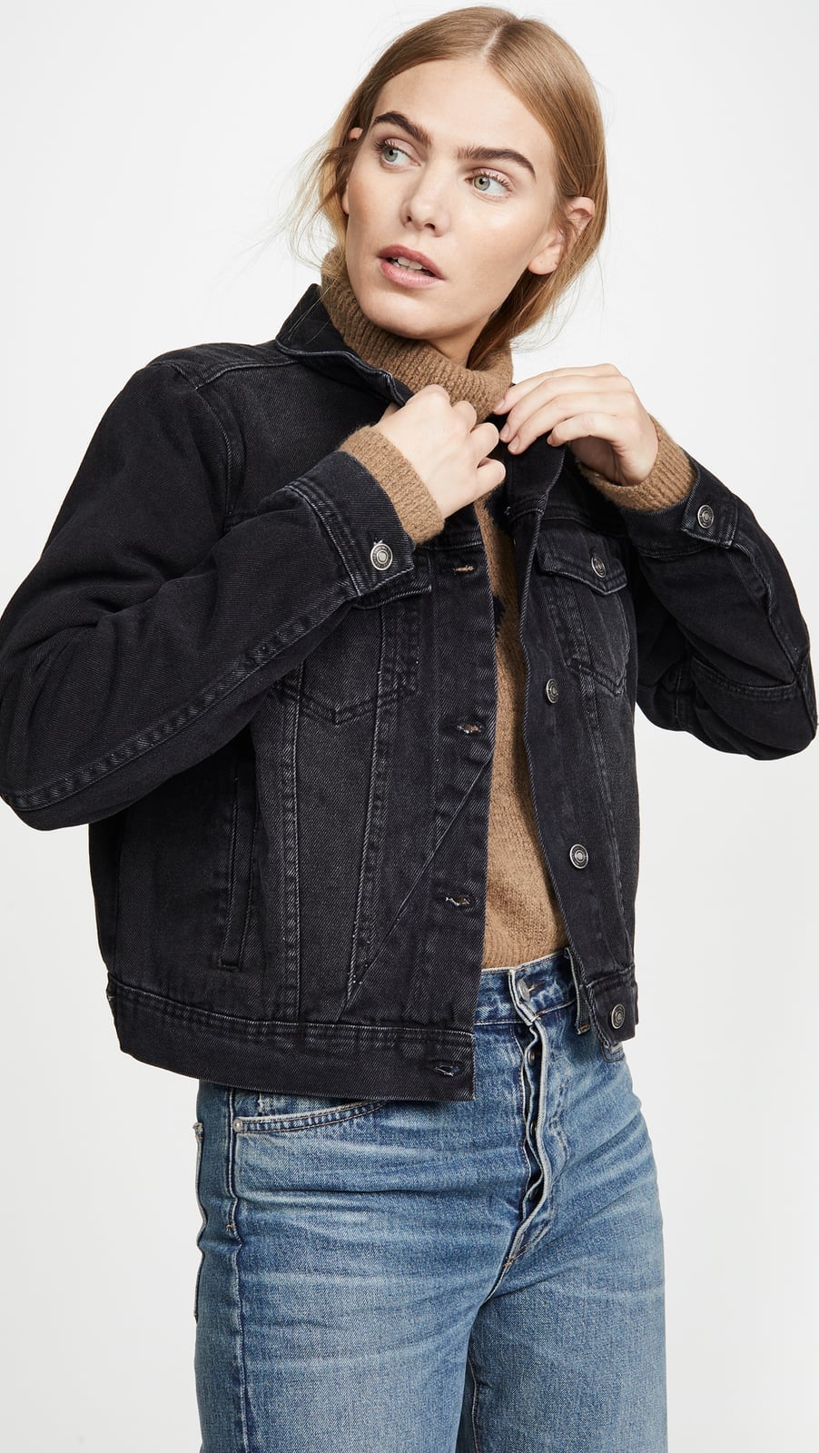 Black Denim Jacket Texture Detail With Brown Turtleneck Black Denim Jacket Texture Detail With Brown Turtleneck — Black Denim Jacket Outfit