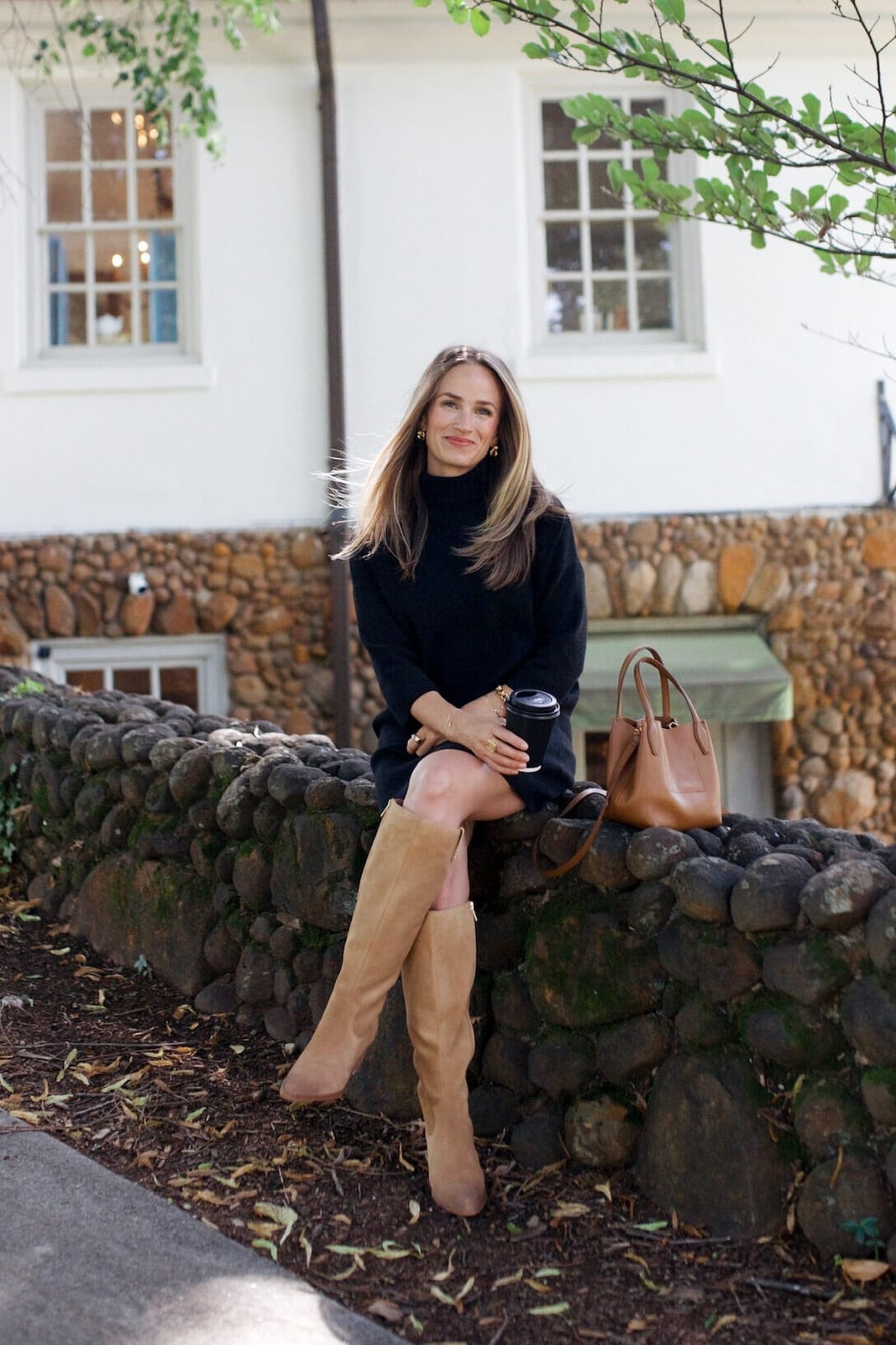 Black Turtleneck Sweater Dress with Suede Boots Black Turtleneck Sweater Dress with Suede Boots — Black Dress Outfits