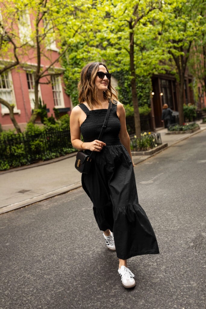 Black Tiered Dress with White Sneakers Black Tiered Dress with White Sneakers — Black Dress Outfits