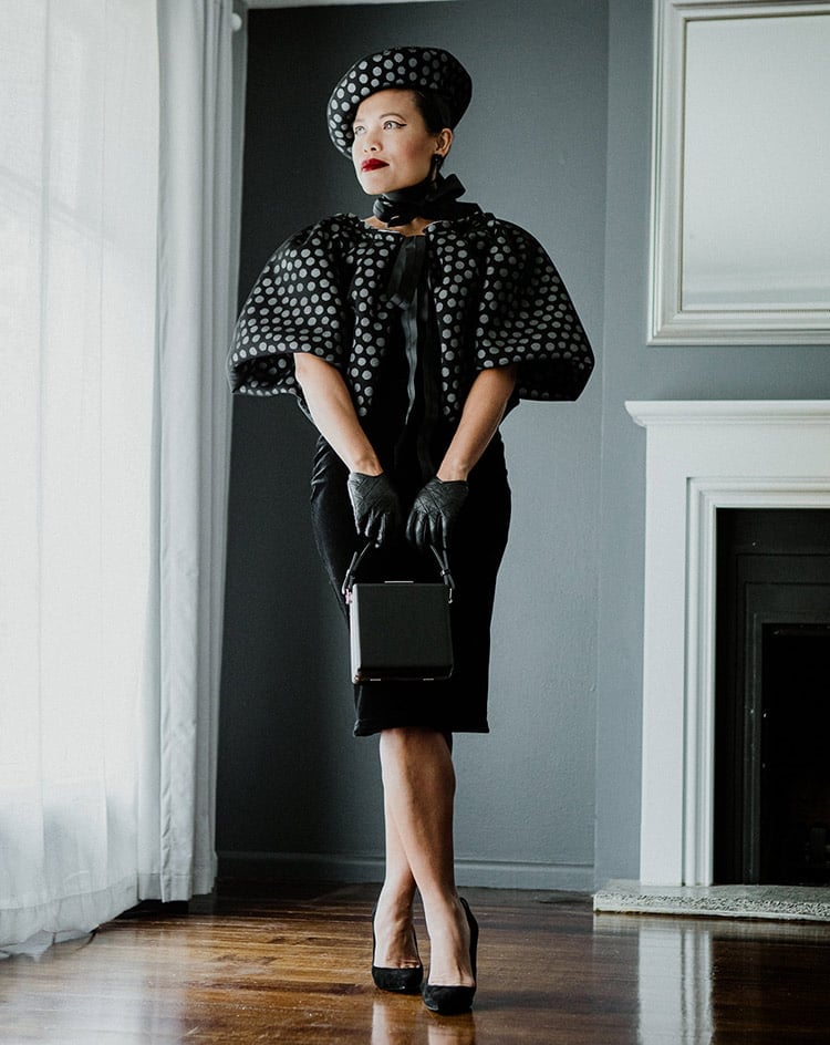 Black Pencil Dress with Polka Dot Capelet Black Pencil Dress with Polka Dot Capelet — Black Dress Outfits